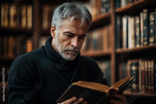 Focused mature man reading an old book in a classic library, enjoying the knowledge and wisdom of the past