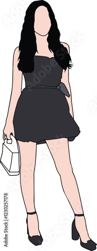 Illustration depicting a fashion-conscious individual in a short black dress and high heels, exuding sophistication and grace, ideal for themes of apparel, style, and conceptual representation.