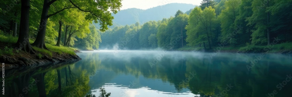 Serene lake waters reflected in forest canopy, forest, lake Serene lake waters reflected in forest canopy, forest, lake