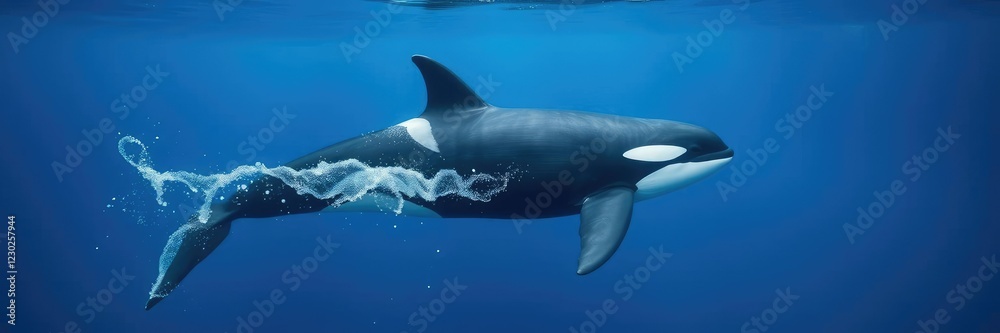 Fototapeta premium Orca whale swimming in the ocean with seaweed, reef, schools, marine life