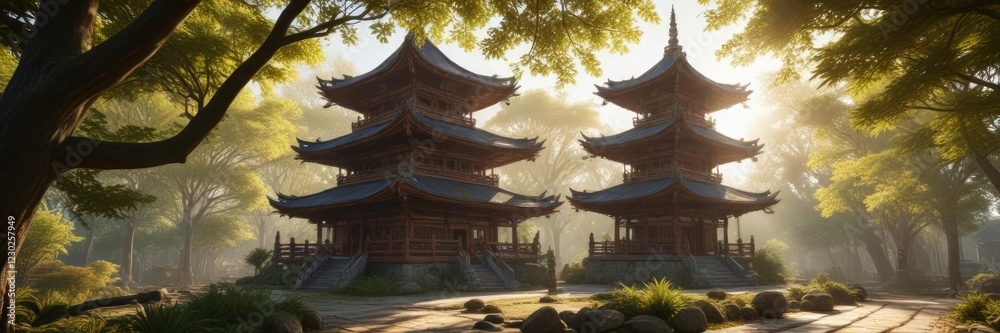 Ornate wooden pagoda in temple complex with sunlight streaming through the leaves , intricate carvings, stone pavement Ornate wooden pagoda in temple complex with sunlight streaming through the leaves , intricate carvings, stone pavement