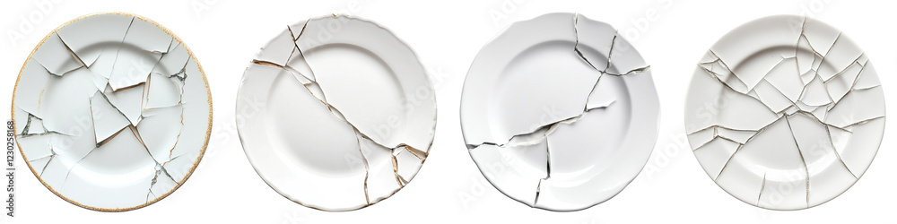 Broken plate isolated on transparent background, PNG, set of
