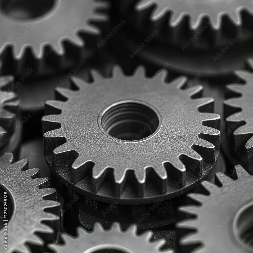 Close-up of mechanical gear assembly in dimly lit industrial workshop Close-up of mechanical gear assembly in dimly lit industrial workshop