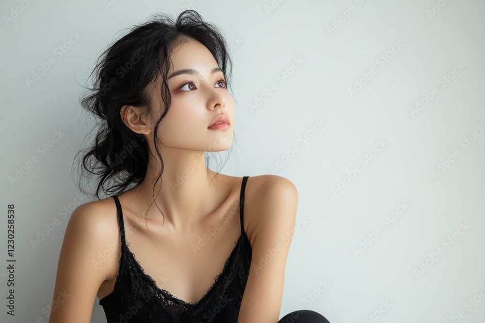 Beautiful young asian woman with dark hair wearing black underwear sitting and looking up on a plain background Beautiful young asian woman with dark hair wearing black underwear sitting and looking up on a plain background