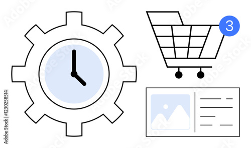 Gear with clock face, shopping cart with notification, and image card. Ideal for ecommerce, time management, digital notifications, online shopping, task scheduling, productivity automation themes