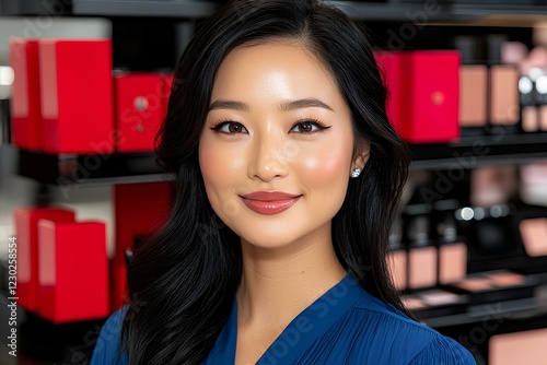 Stylish Asian woman providing customer service in a beauty store, dressed in a sophisticated blue blouse. Beauty industry and mall business concept. photo