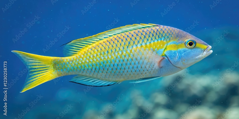 Fototapeta premium Pictichromis paccagnellorum swimming in open water, Schooling Behavior, Blue Body, Pictichromis paccagnelorum, Yellow and Red Stripes, Tropical Fish