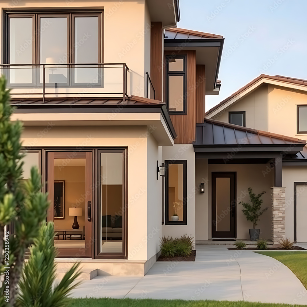 Fototapeta premium Luxury Modern Home Exterior: Contemporary Architecture and Design. Stunning Residence with Balcony and Large Windows. Real Estate Photography
