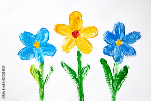 Children's painting drawn natural spring flowers pattern isolated on white background.