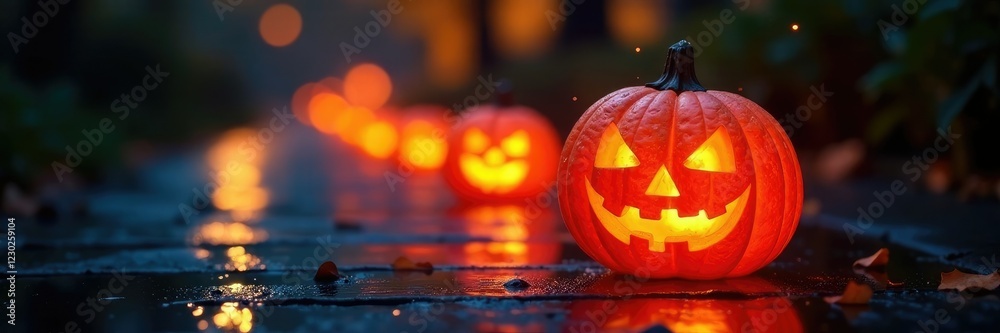 Fototapeta premium Sparkling pumpkin lanterns glow on a wet sidewalk, glistening, wet
