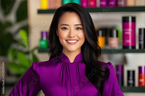 An Asian saleswoman in a stylish purple blouse assisting customers in a modern cosmetic store. Beauty industry and mall business concept. photo