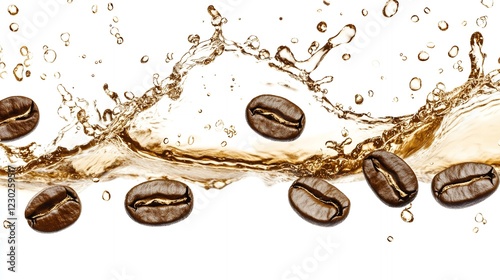 Delicious Coffee Beans Splashing in Brown Liquid Energy Drink Caffeine Beverage Refreshment photo