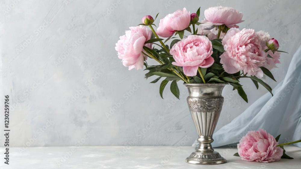 Obraz premium Pink peony blooms in a elegant silver vase against a soft gray background, geometric pattern, sophisticated look, modern design, pink peonies, flower arrangement
