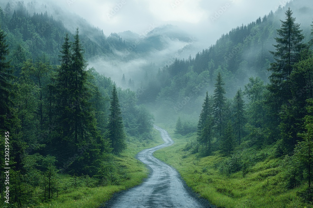 Fototapeta premium Serene winding path through a misty forest landscape in the early morning hours
