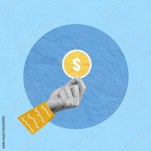 Hand hold a dollar coin indicates investment or financial planning. Creative art collage of invest, Investment, financial and saving success