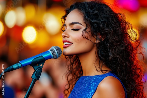 A young Hispanic woman with curly hair sings into a microphone while performing on a vibrant music stage, wearing a sparkling blue dress.
