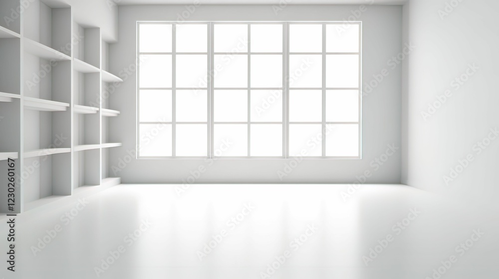 Fototapeta premium A bright, minimalistic room featuring large windows and empty shelves, creating an airy and spacious atmosphere.