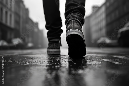 Low angle view of a man walking on a wet city street after the rain, wearing black shoes and jeans photo