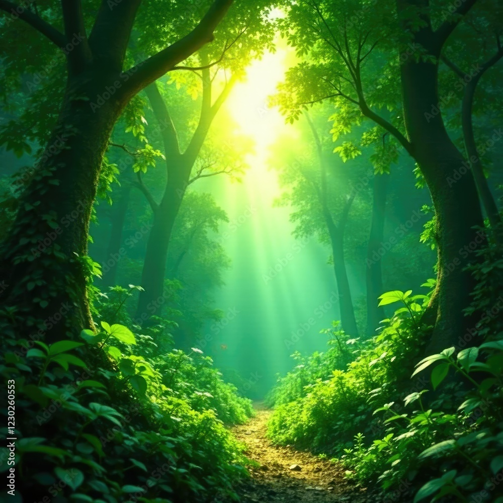 Fototapeta premium Sunlight filters through the jungle canopy above, greenery, scenery