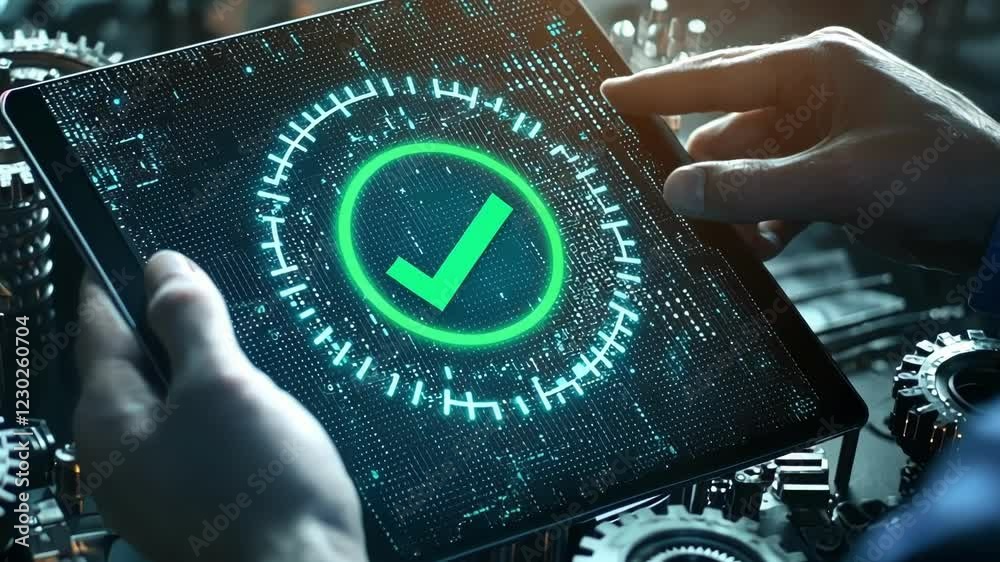custom made wallpaper toronto digitalA digital tablet rests in the hands of a maintenance expert showing a vivid green checkmark surrounded by gears and mechanical components highlighting efficient operations.