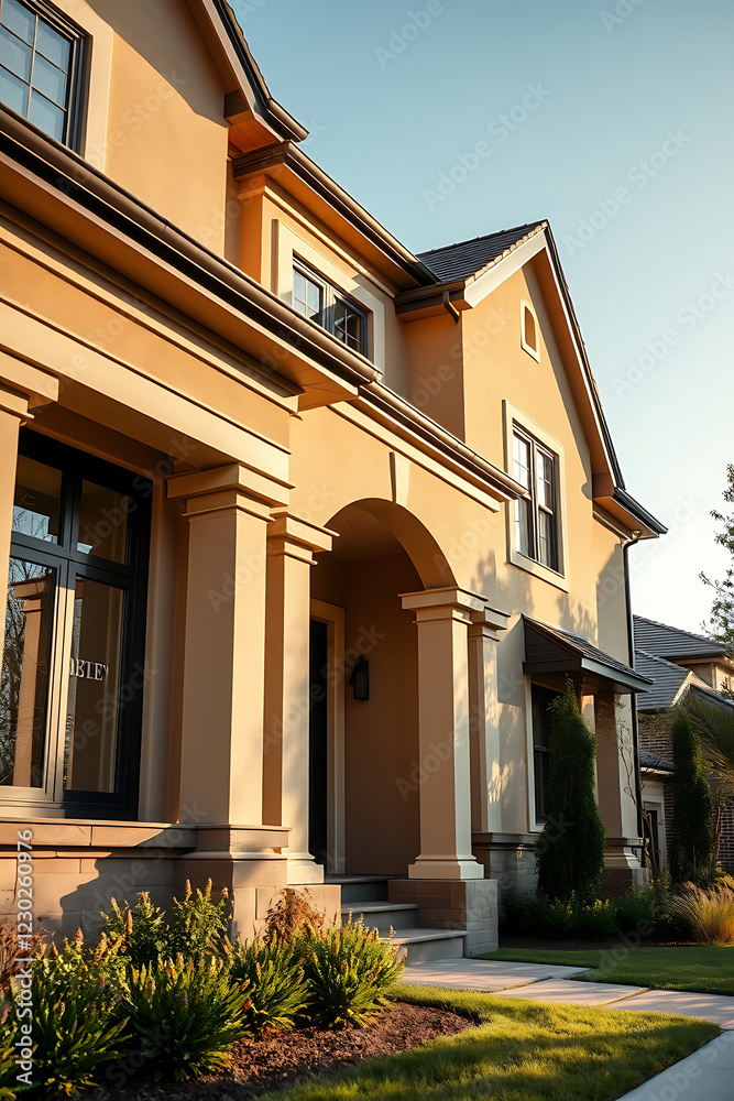 Luxury Home Exterior: Modern Architectural Design, Columns, and Landscaping Luxury Home Exterior: Modern Architectural Design, Columns, and Landscaping