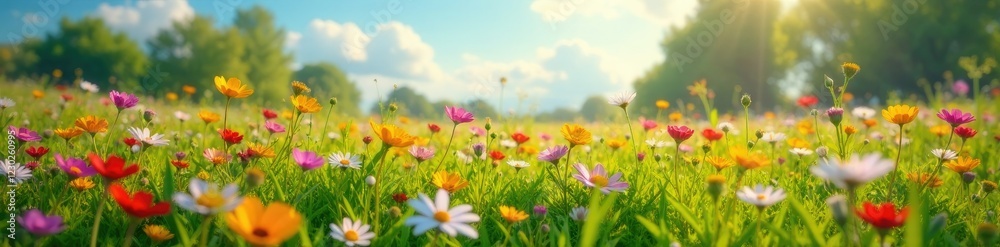 A carpet of colorful wildflowers covers the ground, springtime, grasslands A carpet of colorful wildflowers covers the ground, springtime, grasslands