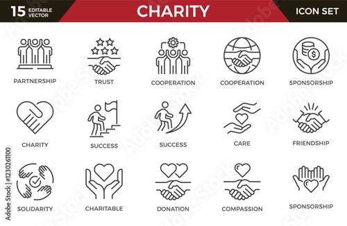 Charity icons, such as handshake, heart, donate, trust, volunteer and more. Vector illustration isolated on white. Editable stroke.