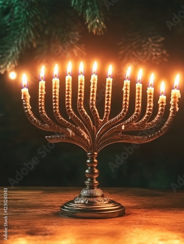 A golden candelabra with seven lit candles, signifying the Jewish holiday of Hanukkah.