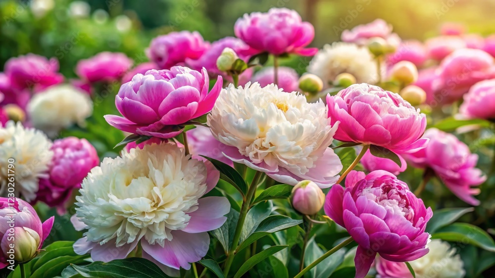 Lush Peony Bush with Buds – Ground-Level View, Rule of Thirds Composition Lush Peony Bush with Buds – Ground-Level View, Rule of Thirds Composition