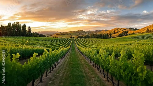Vineyard rows at sunset, rolling hills backdrop, ideal for wine, travel, nature themes