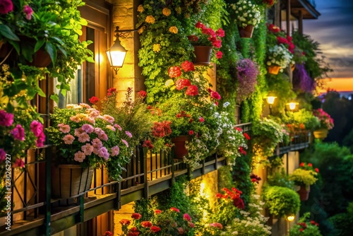 Lush Vertical Garden Balcony Flowers at Night - Low Light Photography
