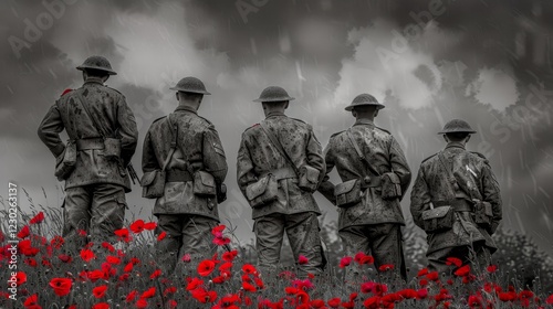 Historical image of wwi soldiers with red poppy flower honoring armistice day remembrance