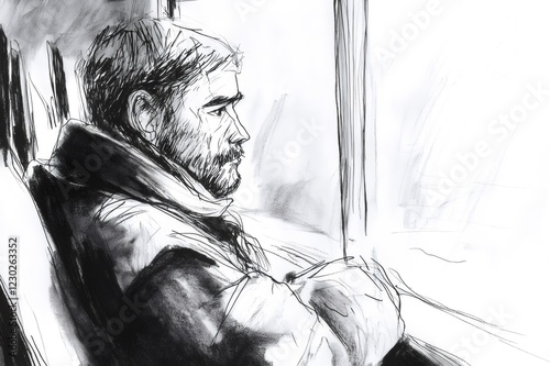 Ink sketch of a bearded man looking out the window while traveling by bus, observing the landscape passing by photo