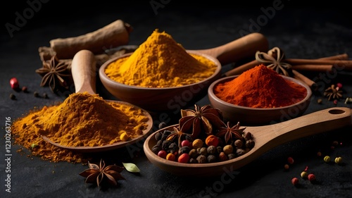 Colorful spices on black background.