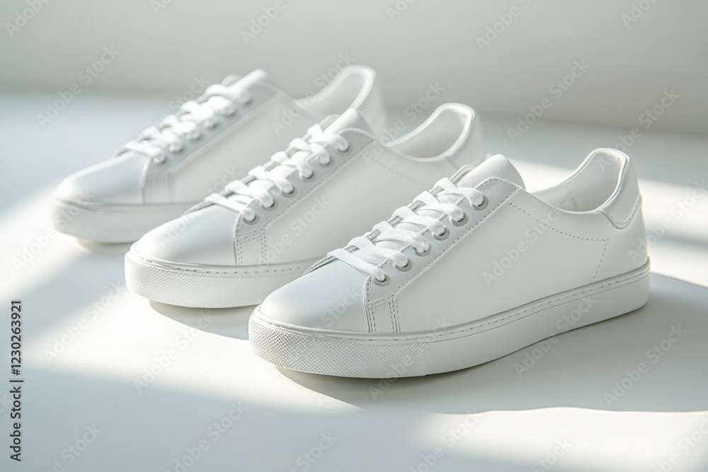 Two white leather sneakers are placed on a white surface, illuminated by natural light Two white leather sneakers are placed on a white surface, illuminated by natural light