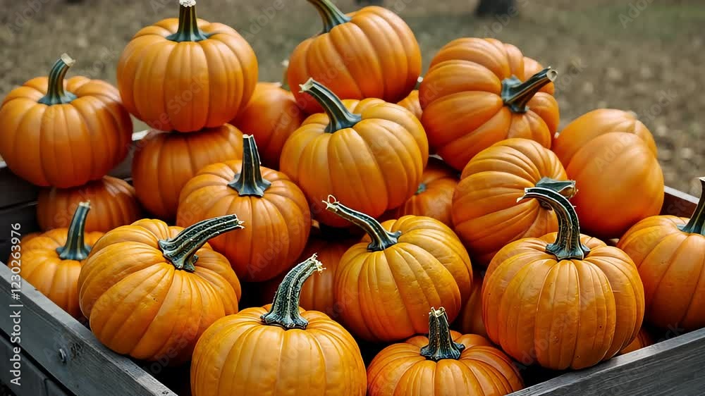 A collection of vibrant orange pumpkins neatly arranged in a rustic wooden crate. the scene evokes a sense of autumnal abundance and seasonal warmth, perfect for fall festivities. A collection of vibrant orange pumpkins neatly arranged in a rustic wooden crate. the scene evokes a sense of autumnal abundance and seasonal warmth, perfect for fall festivities.