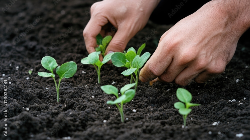 A person is in the process of sowing seedlings into freshly turned soil, preparing a vegetable garden for planting.