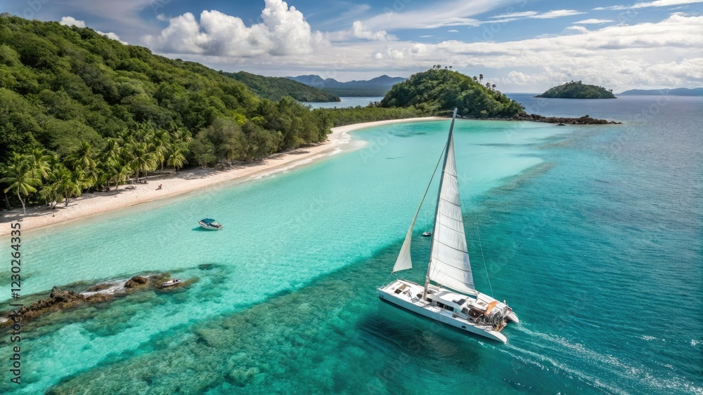 Obraz premium Sailing boat gliding through the crystal-clear turquoise waters of a tropical paradise, sunny day, crystal clear water, blue ocean