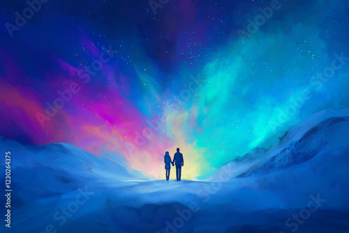 valentine’s love in northern lights: couple holding hands under aurora borealis on snowy hill | romantic winter abstract painting style