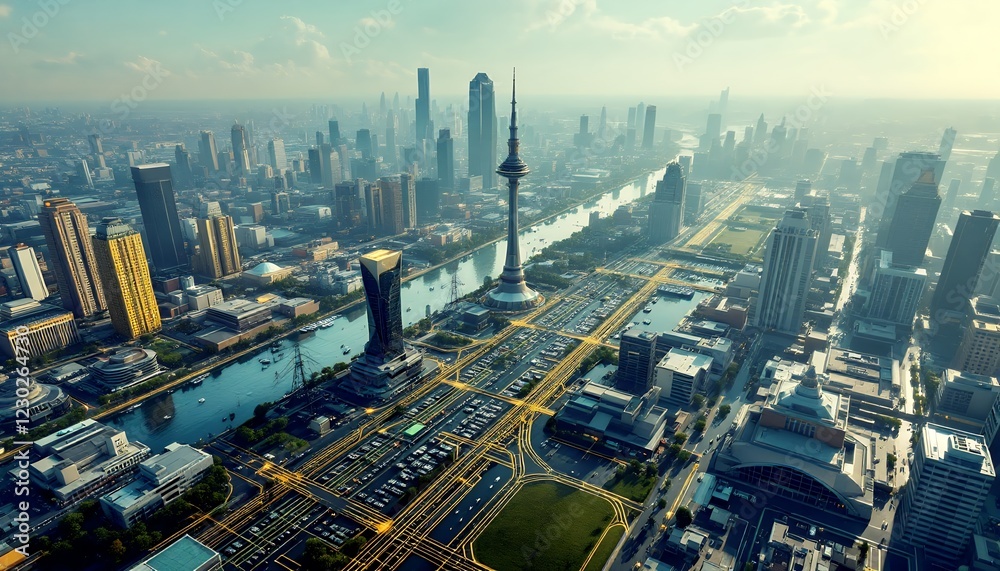 Fototapeta premium Sunrise Aerial View of Nanning City, Guangxi, China: A Modern Metropolis Skyline