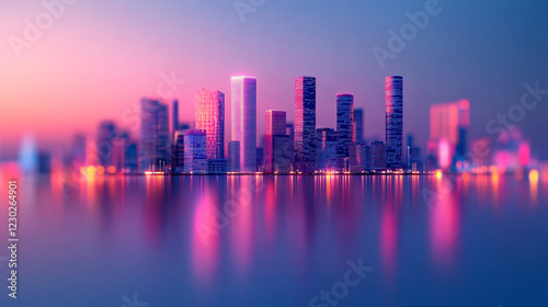 A futuristic smart city glows on a dark blue background showcasing intelligent infrastructure with IoT 5G and AI integration minimalistic bright light tone modern blurred empty caption space on the si