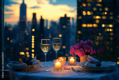 Luxurious A romantic dinner setting on a rooftop terrace, overlooking a glowing city skyline, with candles and flowers on the table. 
