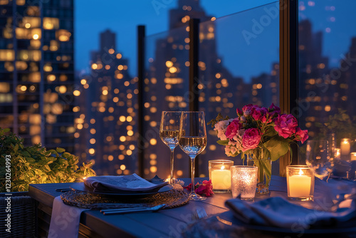 Luxurious A romantic dinner setting on a rooftop terrace, overlooking a glowing city skyline, with candles and flowers on the table. 
