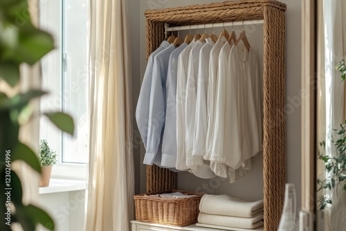 Minimalist bohemian style wardrobe with clothes hanging on a wooden rack in a bright room