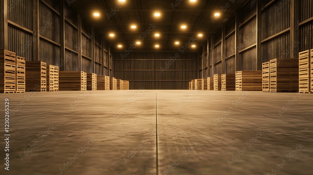 Fototapeta premium A spacious warehouse interior with wooden pallets neatly arranged along the walls, illuminated by warm overhead lights.