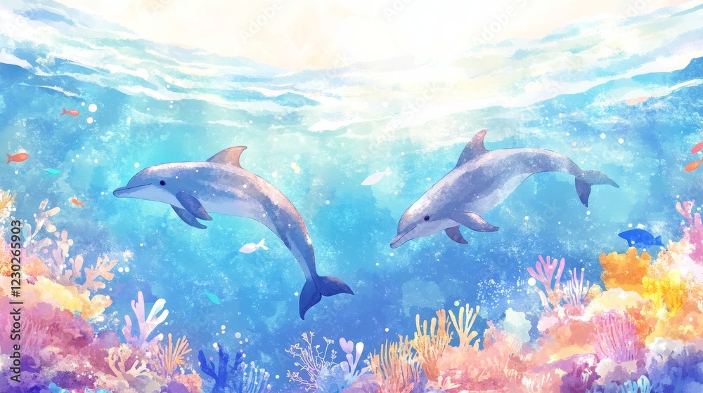 Naklejka premium Celebrate World Oceans Day with cheerful dolphins swimming among vibrant coral reefs and glowing ocean waves in a beautiful underwater paradise