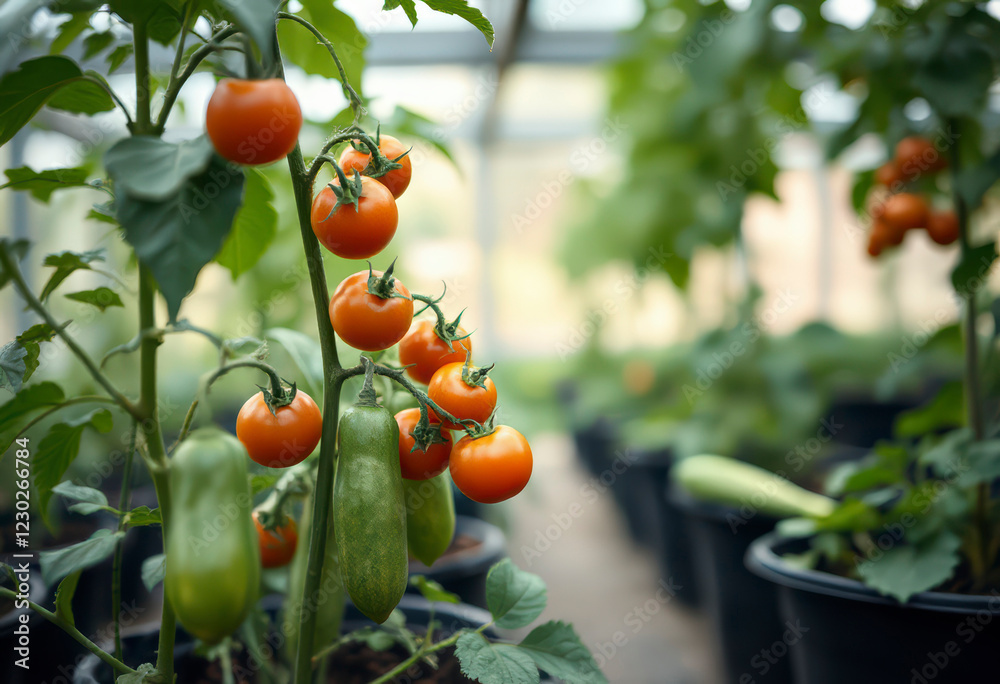 Clusters of ripe cherry tomatoes and fresh cucumbers growing in a greenhouse, showcasing healthy plant growth and vibrant colors. Clusters of ripe cherry tomatoes and fresh cucumbers growing in a greenhouse, showcasing healthy plant growth and vibrant colors.