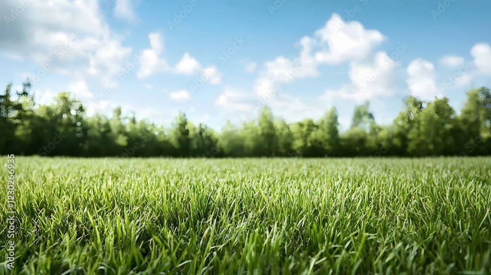 Expansive rural landscape with a lush verdant meadow carpeted in thick vibrant green grass under a bright blue sky dotted with fluffy white clouds in a peaceful serene countryside setting Expansive rural landscape with a lush verdant meadow carpeted in thick vibrant green grass under a bright blue sky dotted with fluffy white clouds in a peaceful serene countryside setting