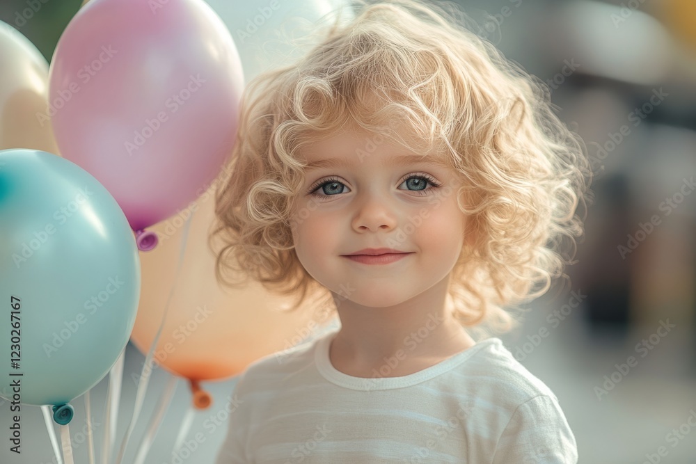 Close-up of happy toddler surrounded by colorful balloons, enjoying a festive celebration Close-up of happy toddler surrounded by colorful balloons, enjoying a festive celebration