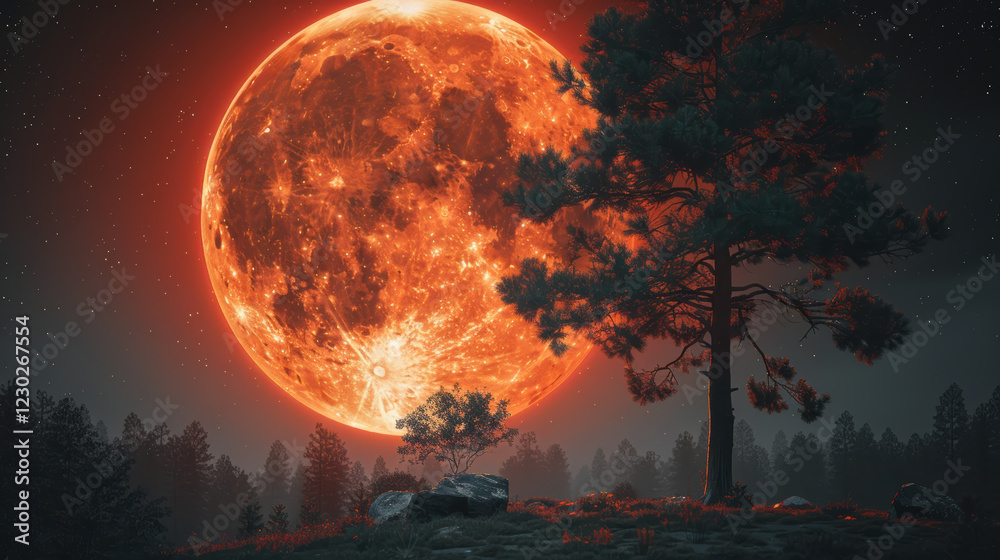 custom made wallpaper toronto digitalstunning total solar eclipse casts vibrant red glow over serene landscape, featuring large moon, trees, and starry sky